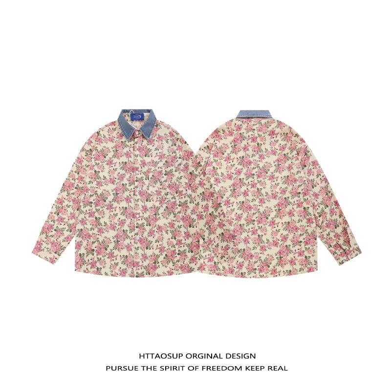 【MMOPTOPシリーズ】★シャツ★ トップス 花柄シャツ 長袖シャツ 男女兼用 メンズ コーデュロイ 切り替え - ChinChic
