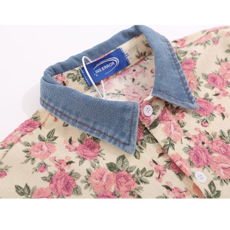 【MMOPTOPシリーズ】★シャツ★ トップス 花柄シャツ 長袖シャツ 男女兼用 メンズ コーデュロイ 切り替え - ChinChic