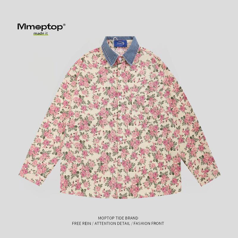 【MMOPTOPシリーズ】★シャツ★ トップス 花柄シャツ 長袖シャツ 男女兼用 メンズ コーデュロイ 切り替え - ChinChic
