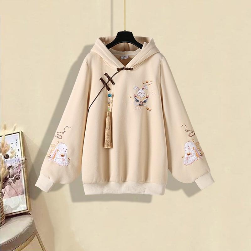 【篱笆外有只猫シリーズ】★セットアップ 単品注文★ トップスORミニスカート 可愛い ウサギ 刺繍 パーカー チェック柄 長袖 - ChinChic