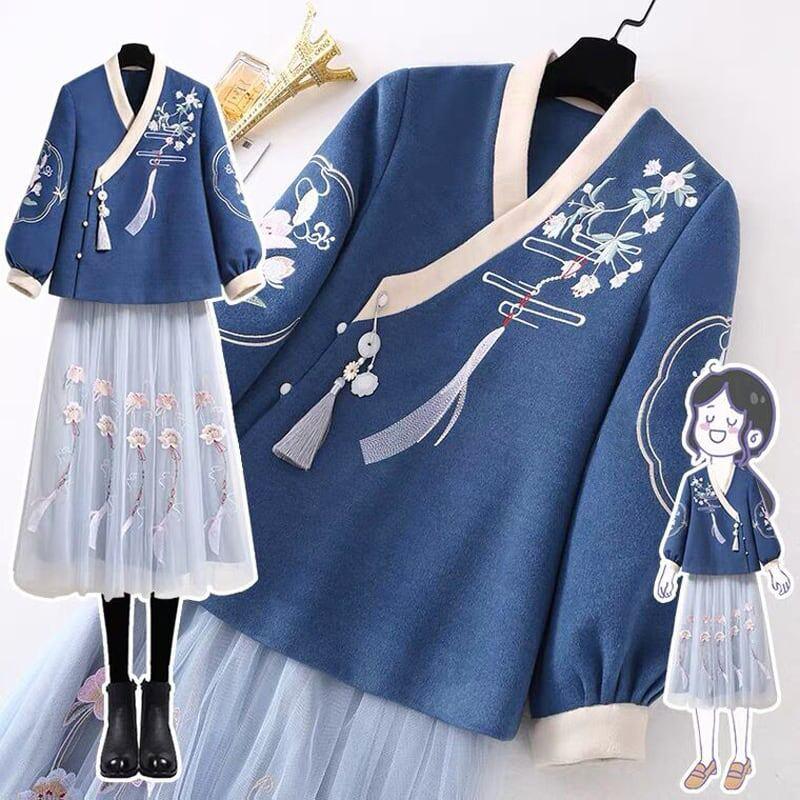 【篱笆外有只猫シリーズ】★セットアップ 単品注文★ トップスORスカート ブルー 綺麗 刺繍 長袖 花 可愛い - ChinChic