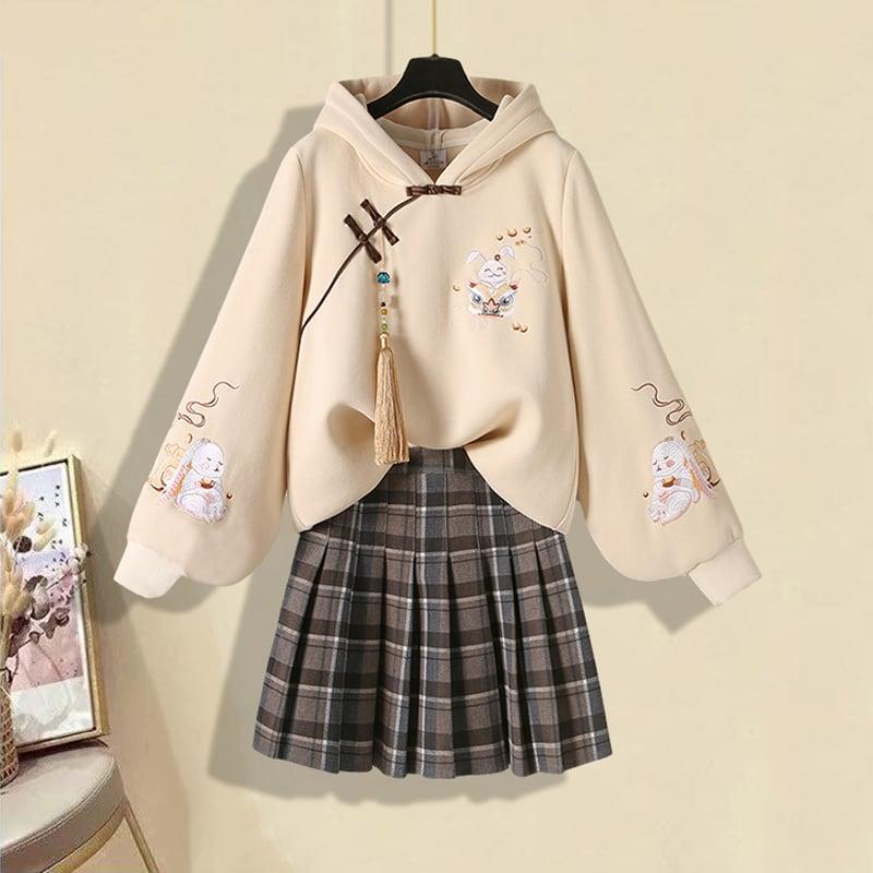 【篱笆外有只猫シリーズ】★セットアップ 単品注文★ トップスORミニスカート 可愛い ウサギ 刺繍 パーカー チェック柄 長袖 - ChinChic