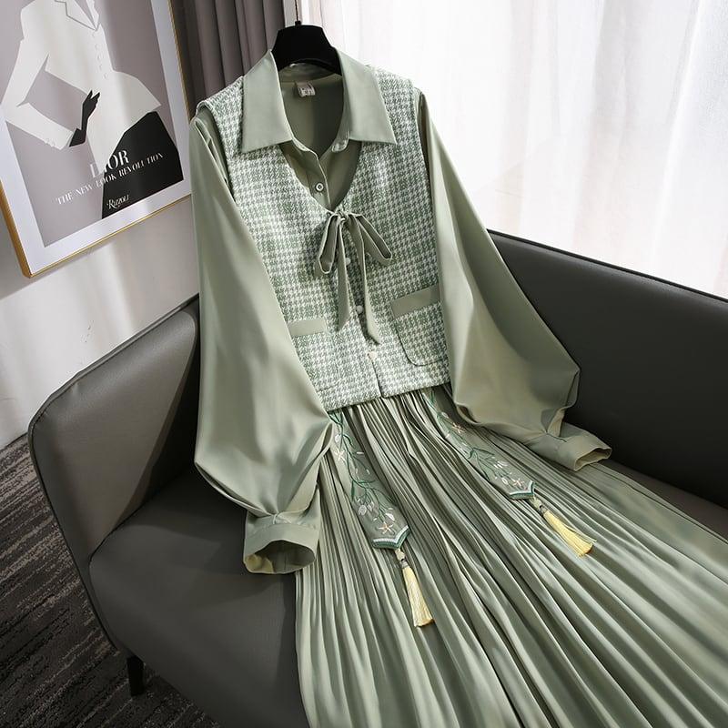 【篱笆外有只猫シリーズ】★セットアップ 単品注文★ ベストORワンピース 千鳥格子 グリーン 刺繍 花 フリンジ 長袖 可愛い - ChinChic