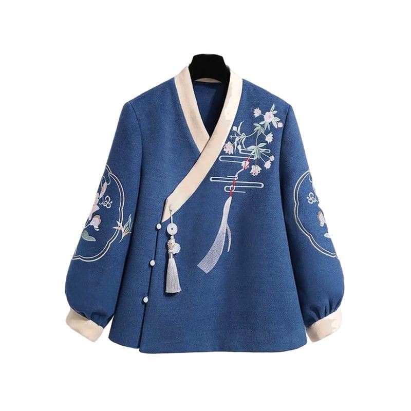 【篱笆外有只猫シリーズ】★セットアップ 単品注文★ トップスORスカート ブルー 綺麗 刺繍 長袖 花 可愛い - ChinChic
