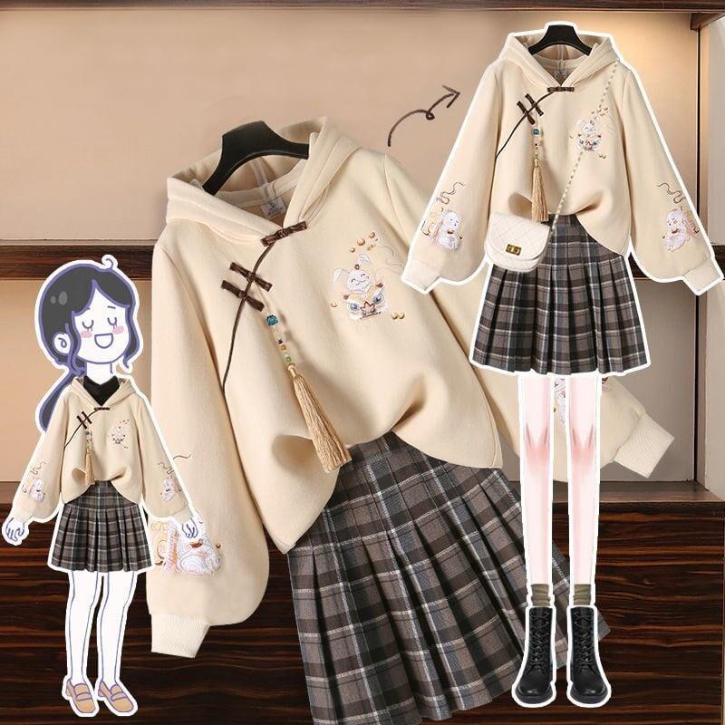 【篱笆外有只猫シリーズ】★セットアップ 単品注文★ トップスORミニスカート 可愛い ウサギ 刺繍 パーカー チェック柄 長袖 - ChinChic