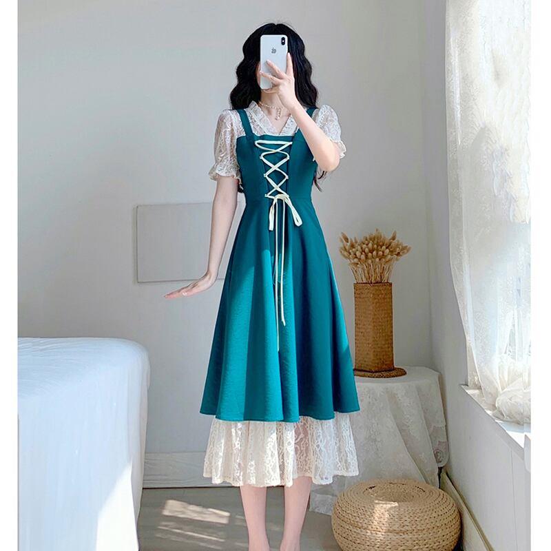 【OWOEシリーズ】★ワンピース★ フェイクレイヤード レトロ ブルー 青い 着痩せ XS S M L ファッション - ChinChic