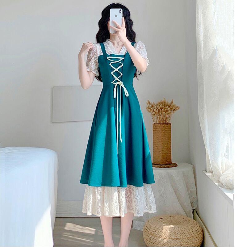 【OWOEシリーズ】★ワンピース★ フェイクレイヤード レトロ ブルー 青い 着痩せ XS S M L ファッション - ChinChic