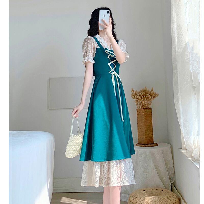 【OWOEシリーズ】★ワンピース★ フェイクレイヤード レトロ ブルー 青い 着痩せ XS S M L ファッション - ChinChic
