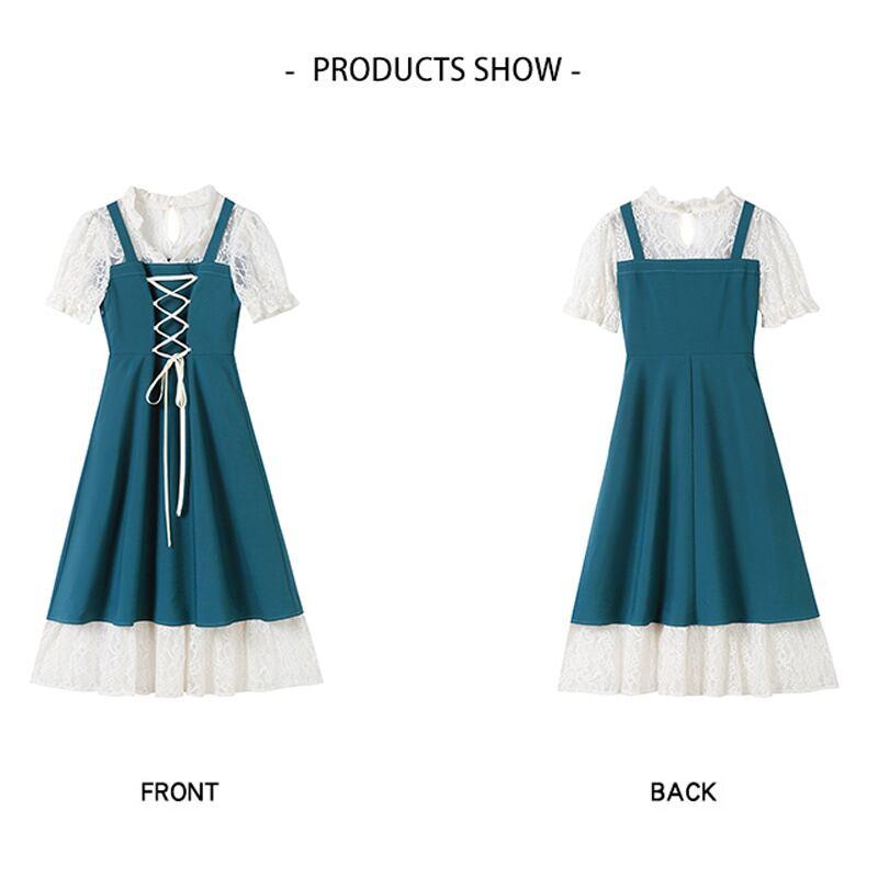 【OWOEシリーズ】★ワンピース★ フェイクレイヤード レトロ ブルー 青い 着痩せ XS S M L ファッション - ChinChic