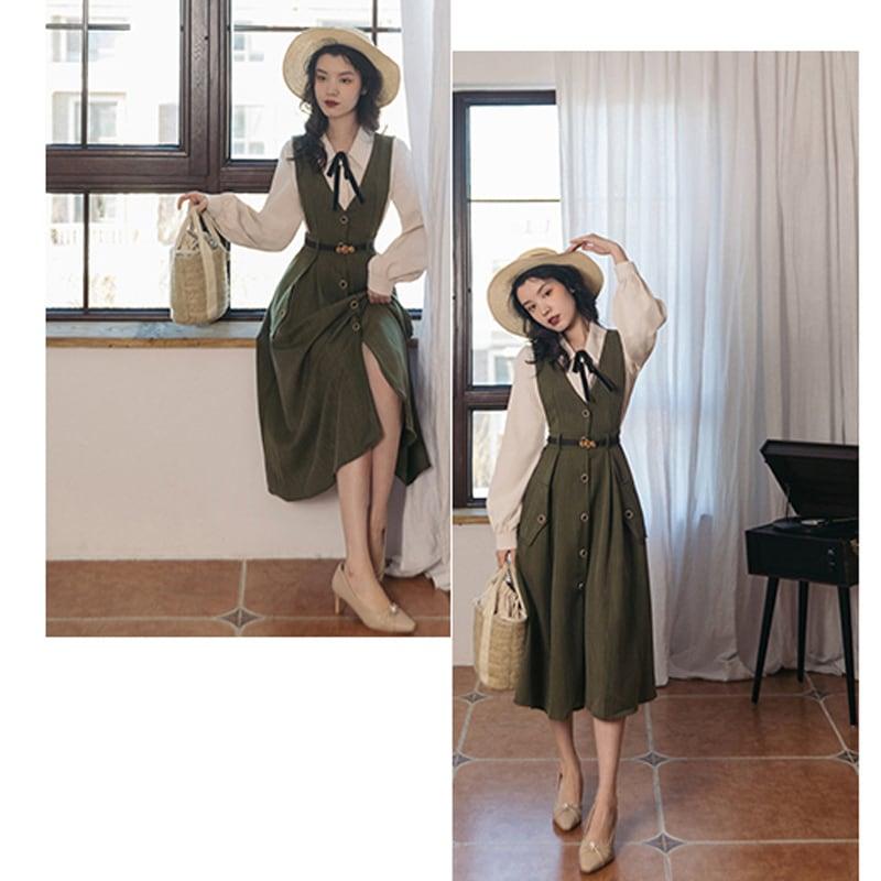 【PANDUOLAシリーズ】★セットアップ★ 3COLOR 2点セット シャツ+ワンピース グレー ブルー グリーン - ChinChic