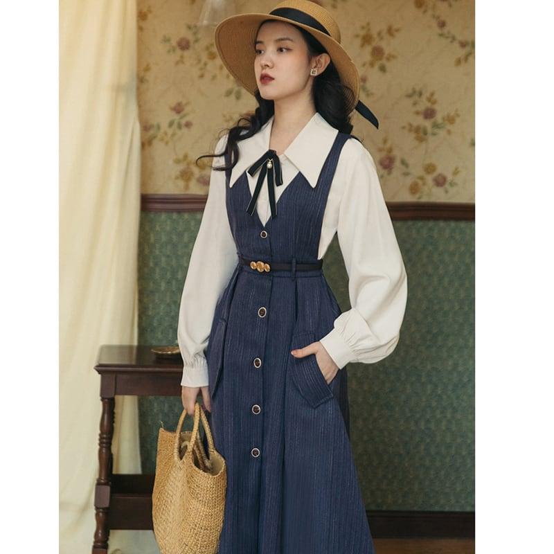【PANDUOLAシリーズ】★セットアップ★ 3COLOR 2点セット シャツ+ワンピース グレー ブルー グリーン - ChinChic