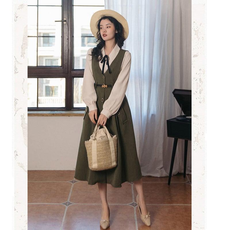 【PANDUOLAシリーズ】★セットアップ★ 3COLOR 2点セット シャツ+ワンピース グレー ブルー グリーン - ChinChic