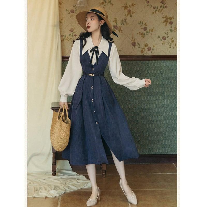 【PANDUOLAシリーズ】★セットアップ★ 3COLOR 2点セット シャツ+ワンピース グレー ブルー グリーン - ChinChic