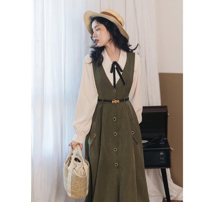 【PANDUOLAシリーズ】★セットアップ★ 3COLOR 2点セット シャツ+ワンピース グレー ブルー グリーン - ChinChic