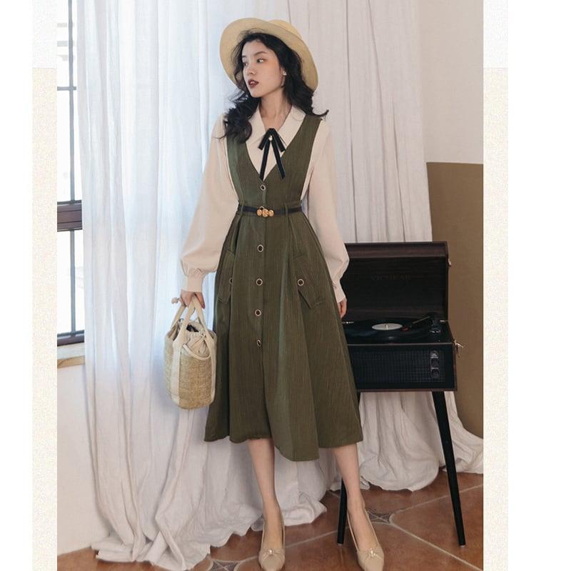 【PANDUOLAシリーズ】★セットアップ★ 3COLOR 2点セット シャツ+ワンピース グレー ブルー グリーン - ChinChic