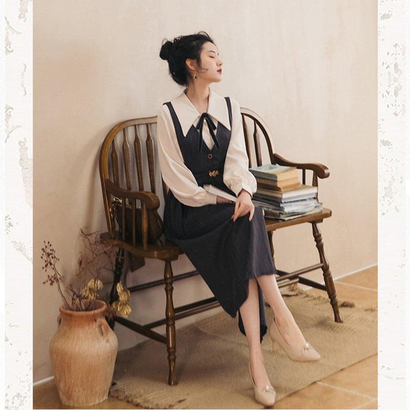 【PANDUOLAシリーズ】★セットアップ★ 3COLOR 2点セット シャツ+ワンピース グレー ブルー グリーン - ChinChic