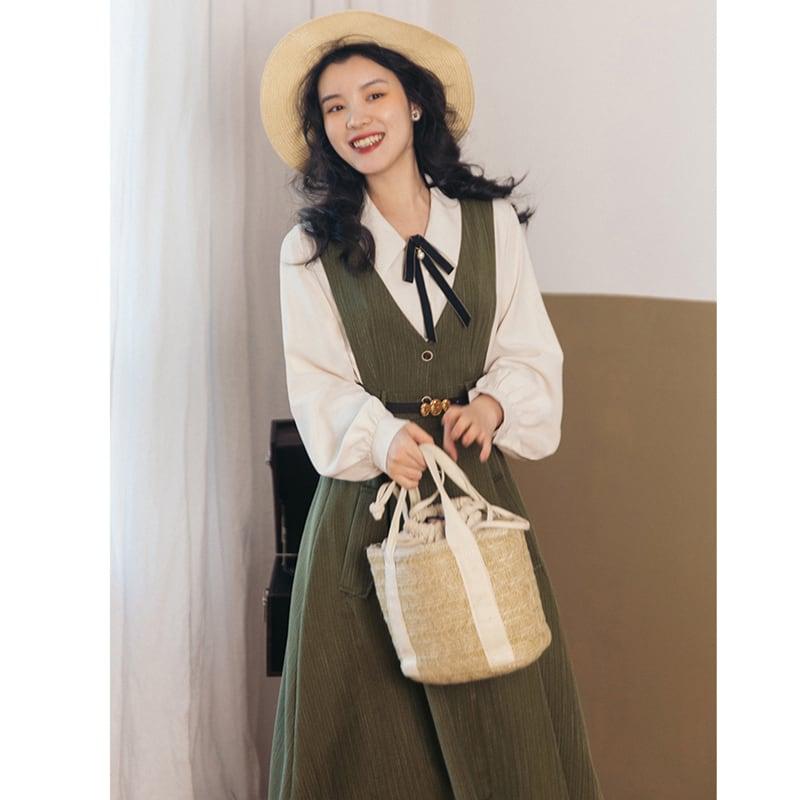 【PANDUOLAシリーズ】★セットアップ★ 3COLOR 2点セット シャツ+ワンピース グレー ブルー グリーン - ChinChic