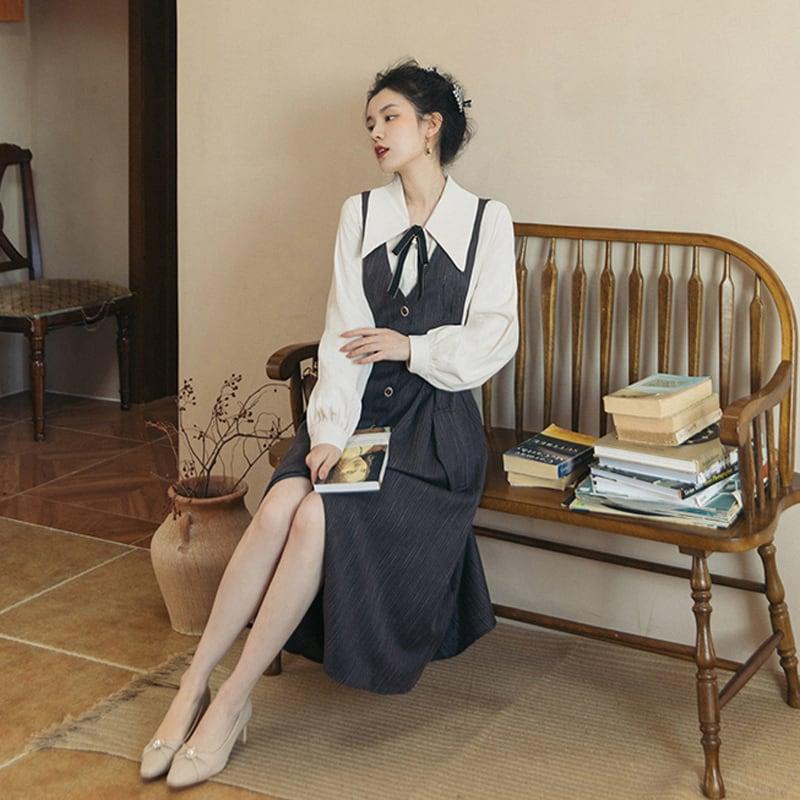 【PANDUOLAシリーズ】★セットアップ★ 3COLOR 2点セット シャツ+ワンピース グレー ブルー グリーン - ChinChic