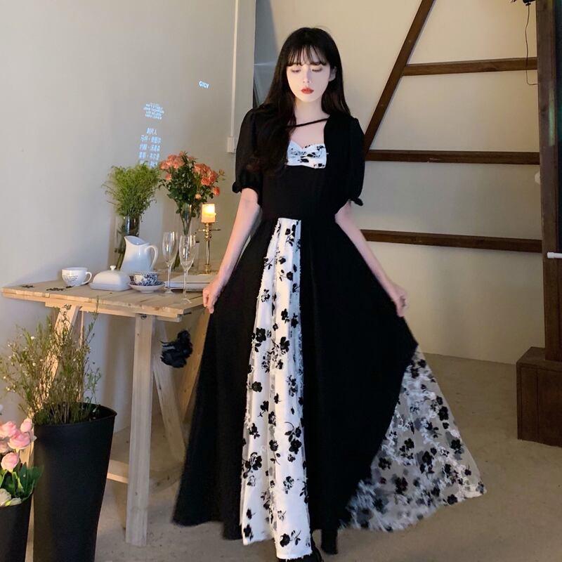 【PANGSAOシリーズ】★ロング丈ワンピース★ 夏 ロング丈 大きいサイズ ブラック 黒い 結婚式 デート 通勤 - ChinChic