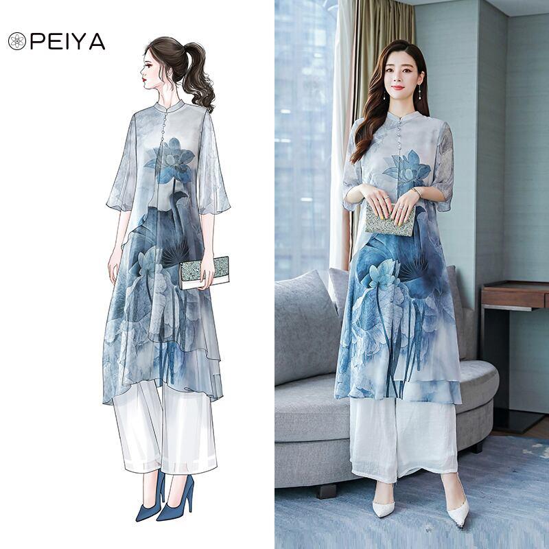 【PEIYAシリーズ】★チャイナ風セットアップ★ 花柄ワンピース+ズボン 大きいサイズ シフォン 涼しい - ChinChic