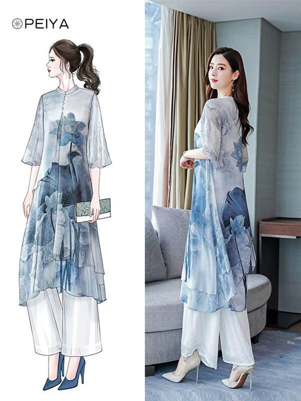 【PEIYAシリーズ】★チャイナ風セットアップ★ 花柄ワンピース+ズボン 大きいサイズ シフォン 涼しい - ChinChic
