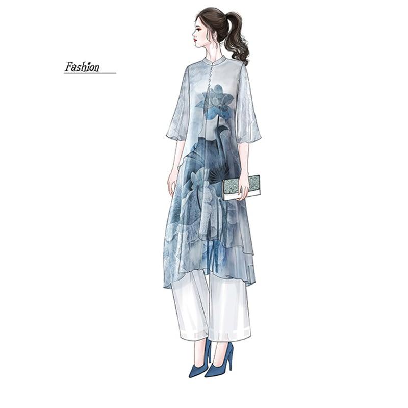 【PEIYAシリーズ】★チャイナ風セットアップ★ 花柄ワンピース+ズボン 大きいサイズ シフォン 涼しい - ChinChic