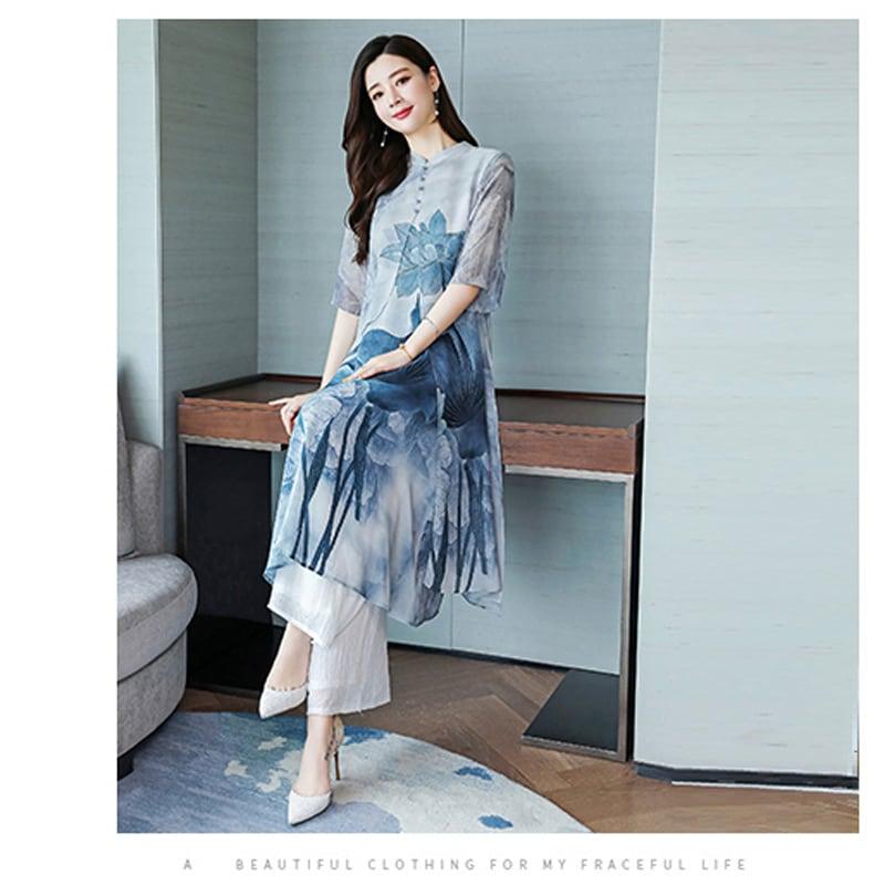 【PEIYAシリーズ】★チャイナ風セットアップ★ 花柄ワンピース+ズボン 大きいサイズ シフォン 涼しい - ChinChic
