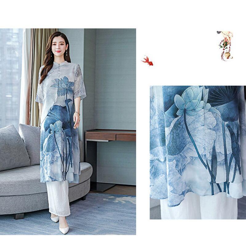 【PEIYAシリーズ】★チャイナ風セットアップ★ 花柄ワンピース+ズボン 大きいサイズ シフォン 涼しい - ChinChic