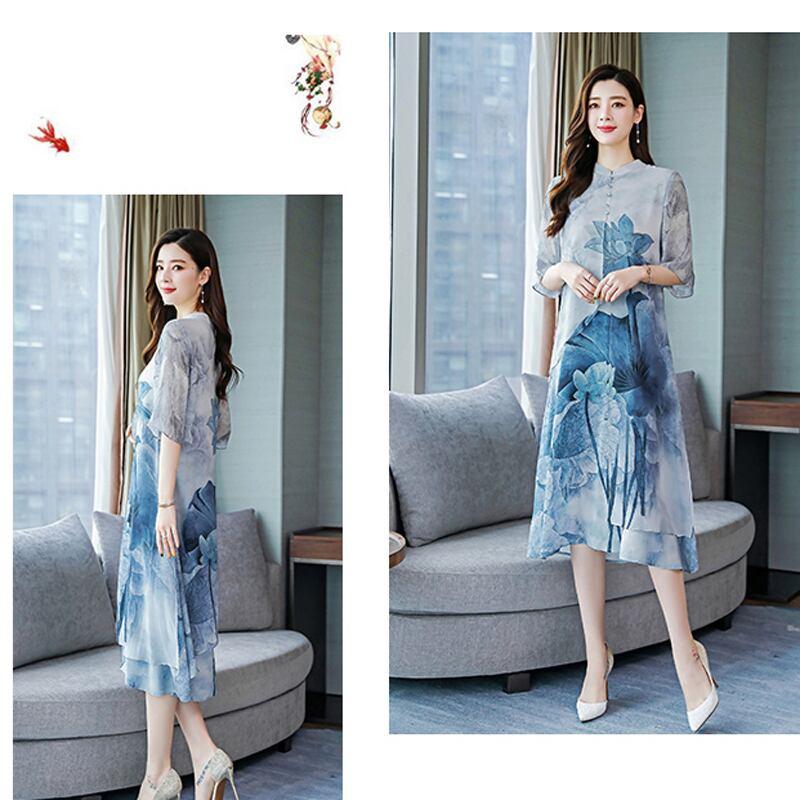 【PEIYAシリーズ】★チャイナ風セットアップ★ 花柄ワンピース+ズボン 大きいサイズ シフォン 涼しい - ChinChic