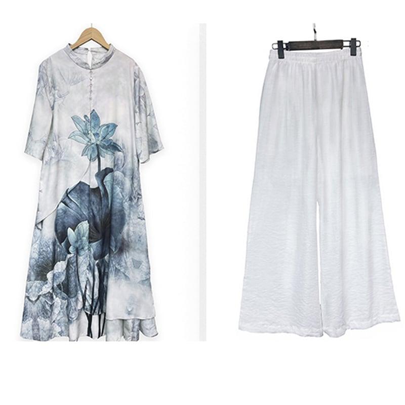【PEIYAシリーズ】★チャイナ風セットアップ★ 花柄ワンピース+ズボン 大きいサイズ シフォン 涼しい - ChinChic