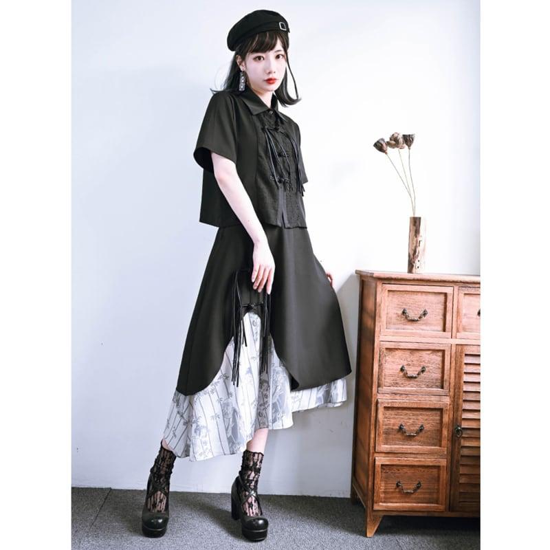 【古怪舍---竹魅シリーズ】★チャイナ風スカート★ フリンジ 中華服 オリジナル 配色 不規則 ブラック 黒い - ChinChic