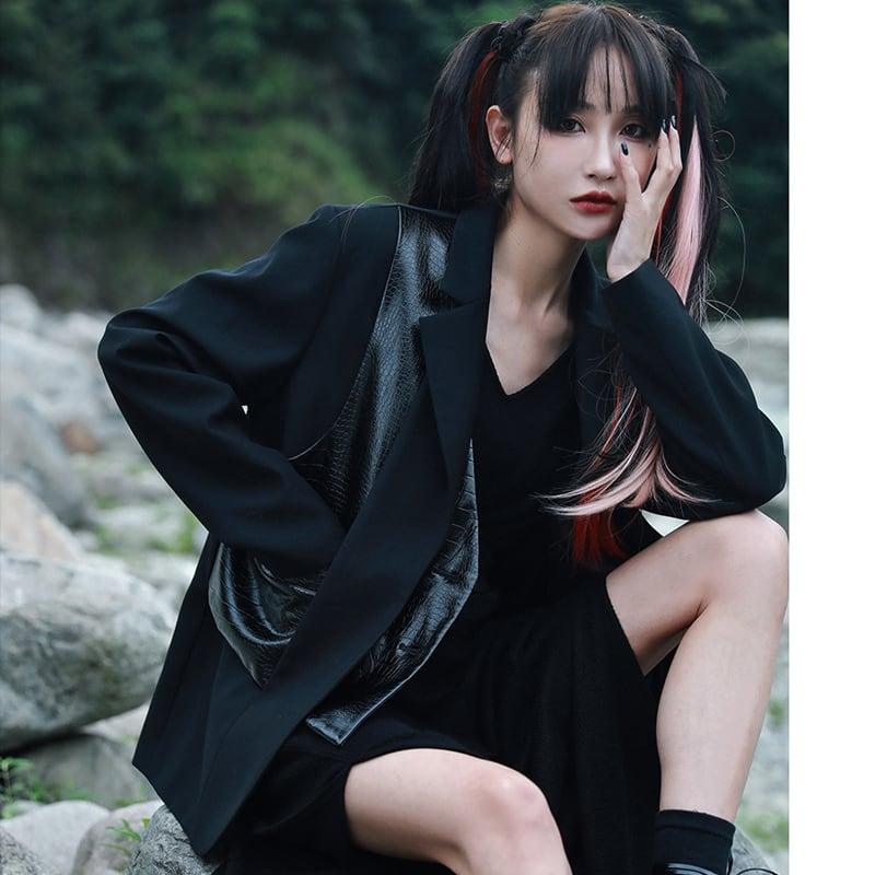 【大青龍肆シリーズ】★ブレザー★ アウター 切り替え レトロ 合わせやすい フェイクレイヤード ブラック 黒い - ChinChic