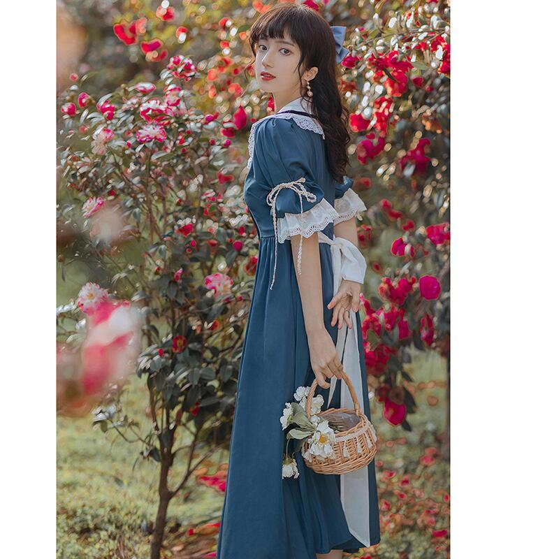 【塵緣曲シリーズ】★ワンピース★ レトロ ドレス 可愛い レディース デート 撮影 デザイン性有り 配色 ブルー 青い - ChinChic