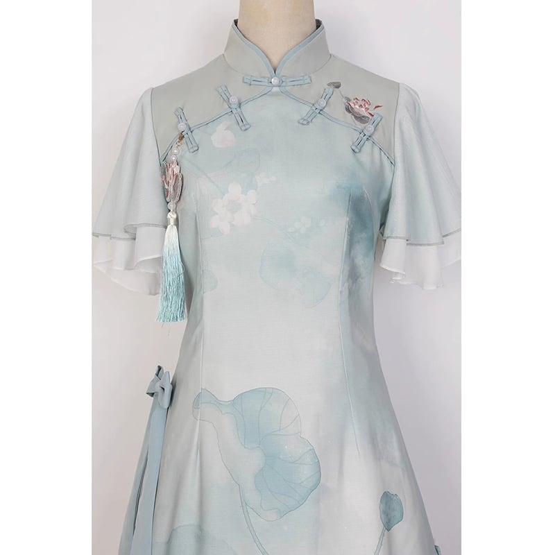 【楓竹---青荷シリーズ】★チャイナ風ワンピース★ 漢服ワンピース 中華服 可愛い プリント 気質アップ - ChinChic