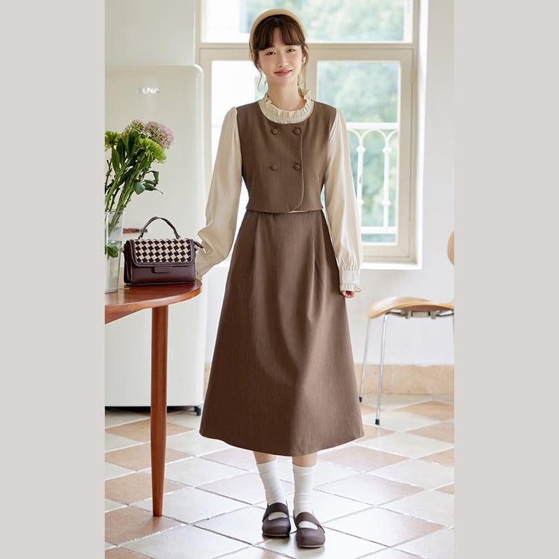 【書槿笙シリーズ】★ワンピース★ フェイクレイヤード レディース 可愛い レトロ 秋服 コーヒー色 - ChinChic