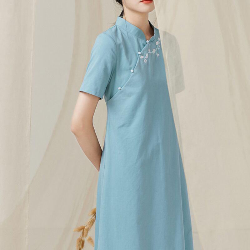 【宋姿シリーズ】★チャイナ風ワンピース★ 刺繍入り ロング丈 半袖 夏服 春服 ブルー 青い チャイナ服 - ChinChic