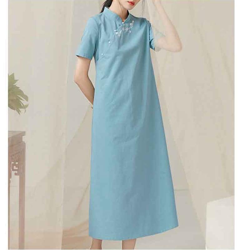 【宋姿シリーズ】★チャイナ風ワンピース★ 刺繍入り ロング丈 半袖 夏服 春服 ブルー 青い チャイナ服 - ChinChic
