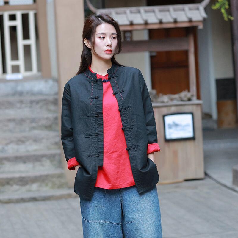 チャイナ風アウター トップス ブラウス シャツ チャイナ風服 レトロ 文芸風 民族風 女子会 同窓会 スタンドネック 長袖 ショート丈 ブラック レッド ホワイト コットンリネン生地 - ChinChic