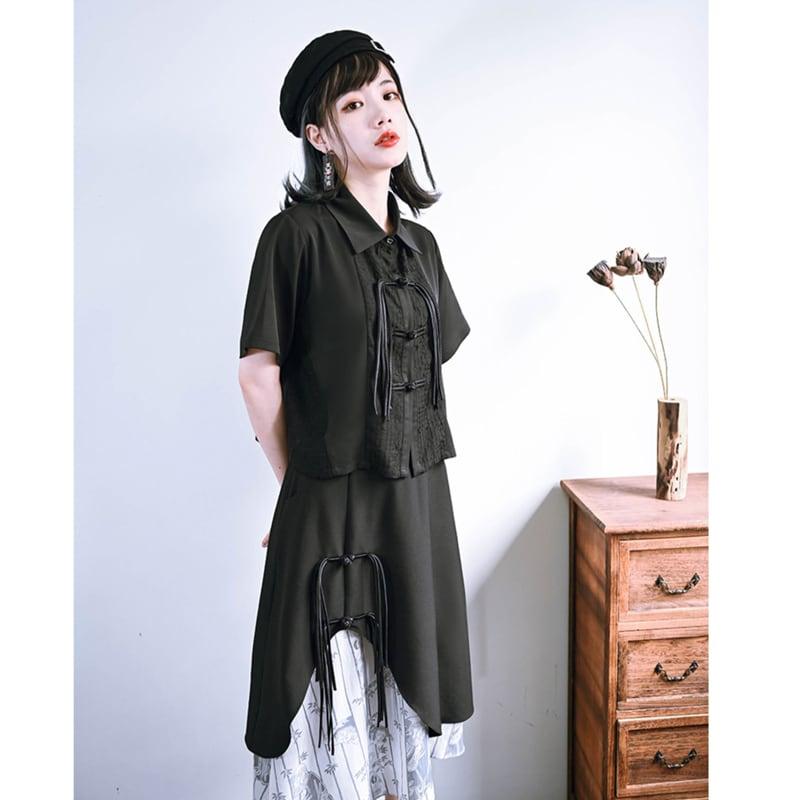 【古怪舍---竹魅シリーズ】★チャイナ風スカート★ フリンジ 中華服 オリジナル 配色 不規則 ブラック 黒い - ChinChic
