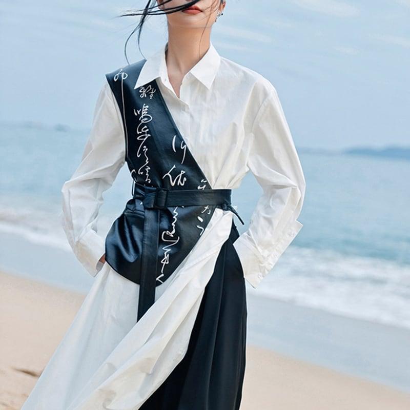 【大青龍肆シリーズ】★チャイナ風シャツ★ ロングシャツ トップス 無地 オリジナル シンプル 合わせやすい 白 - ChinChic