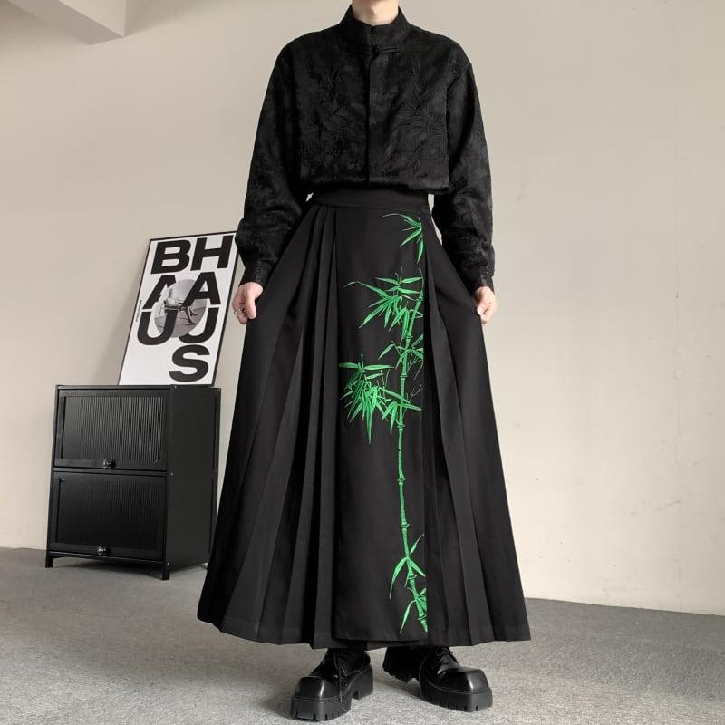 【入画シリーズ】★チャイナ風スカート★ ボトムス 刺繍 竹 まきスカート 漢服スカート チャイナ服 ブラック 黒い - ChinChic