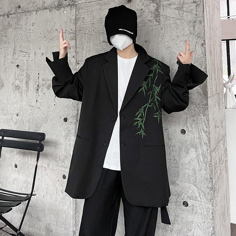 【入画シリーズ】★チャイナ風アウター★ ブレザー 竹 刺繍 男女兼用 メンズ ブラック 黒い かっこいい - ChinChic