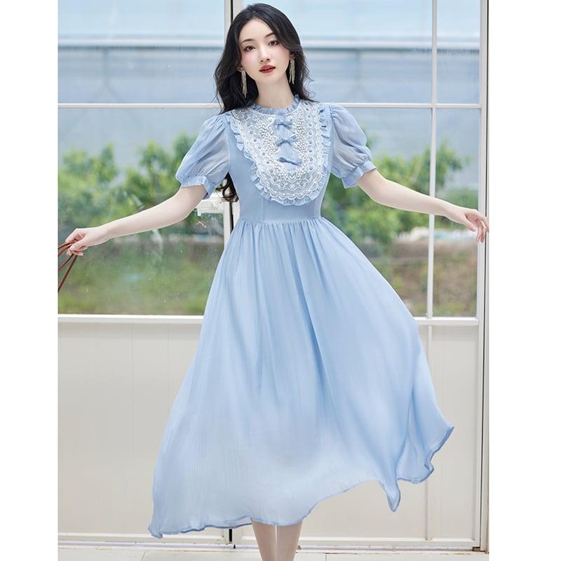 【華莎の城シリーズ】★ワンピース★ ドレス スウィート 可愛い 通勤 結婚式 デート 夏服 ブルー 青い - ChinChic