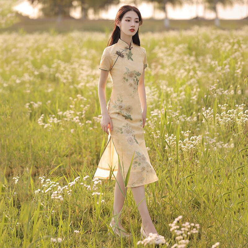 【荷戀情シリーズ】★チャイナドレス★ 花柄ワンピース 中華服 気質アップ ロング丈 パーティー 結婚式 - ChinChic