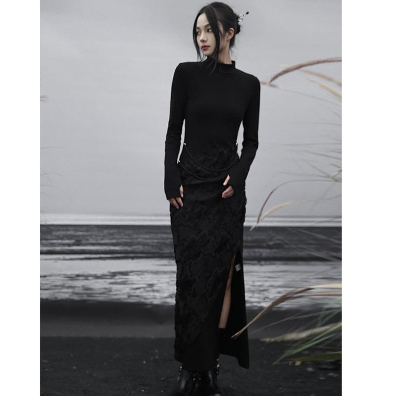 【大青龍肆シリーズ】★チャイナ風ワンピース★ スリット フェイクレイヤード 着痩せ ブラック 黒い - ChinChic