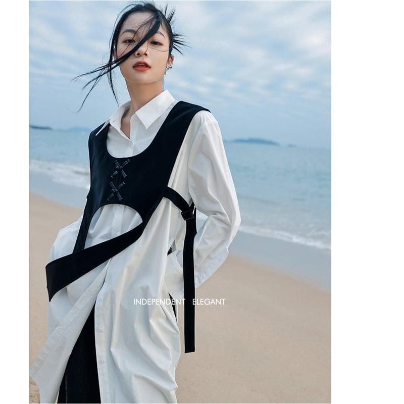 【大青龍肆シリーズ】★チャイナ風シャツ★ ロングシャツ トップス 無地 オリジナル シンプル 合わせやすい 白 - ChinChic