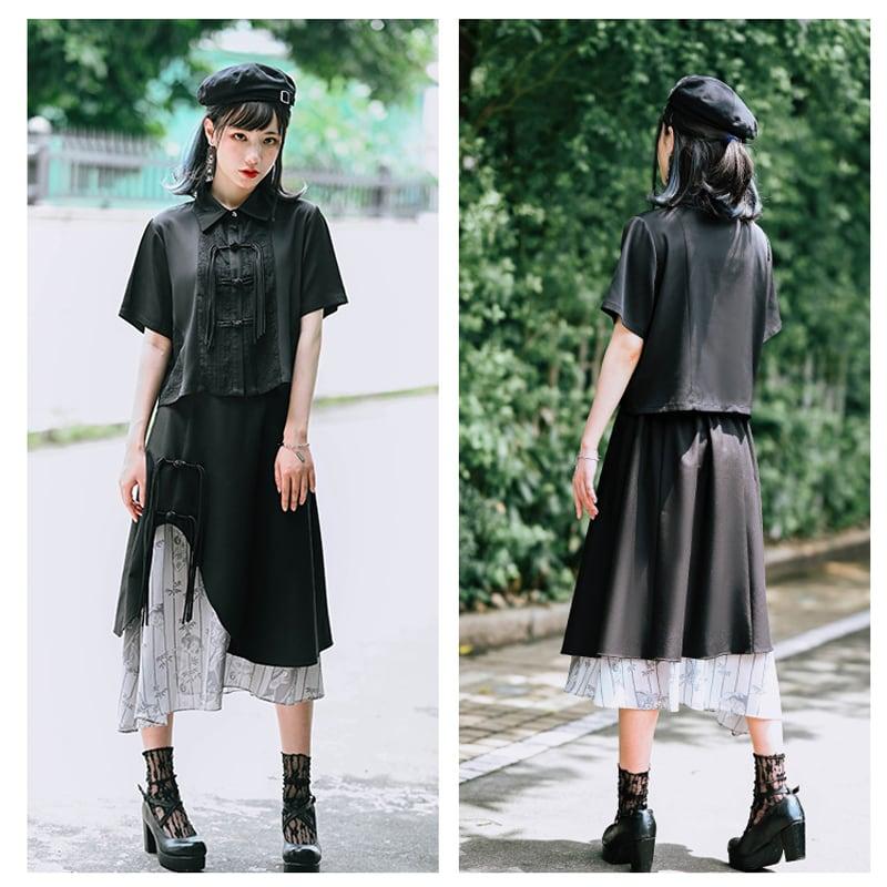 【古怪舍---竹魅シリーズ】★チャイナ風スカート★ フリンジ 中華服 オリジナル 配色 不規則 ブラック 黒い - ChinChic