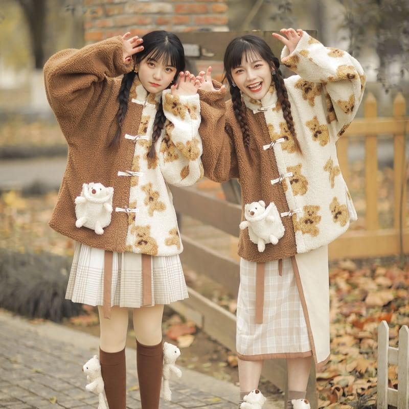 【観織シリーズ】★チャイナ風コート★ アウター もふもふ チャイナボタン くま ベアー 熊 可愛い 暖かい 厚て - ChinChic