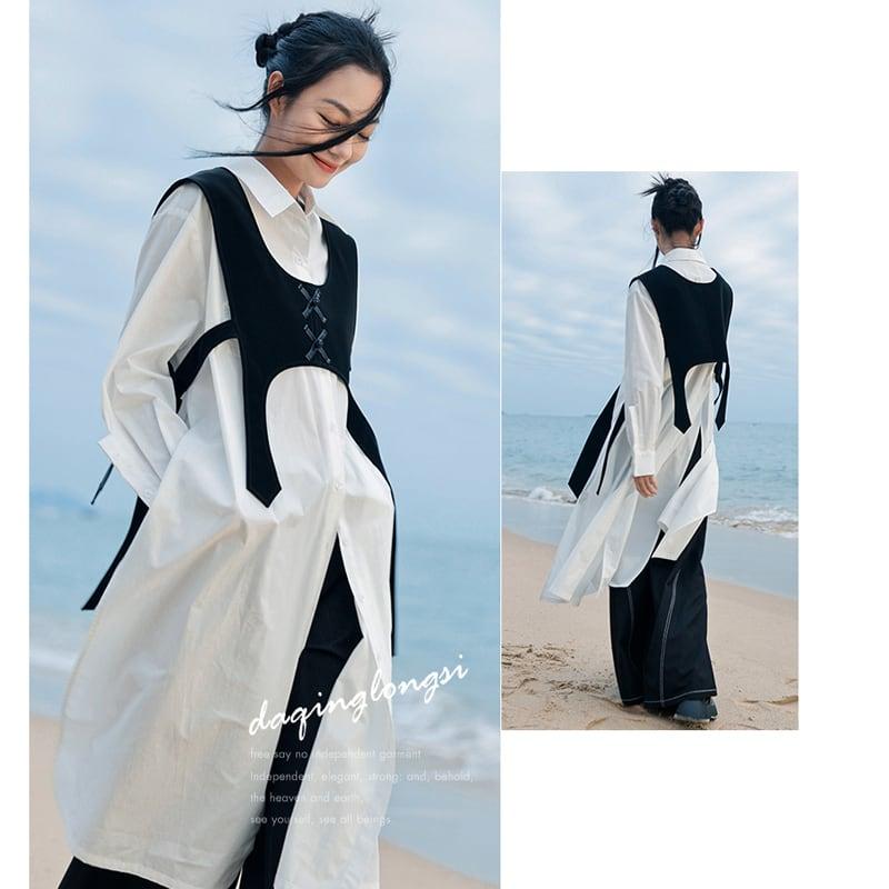 【大青龍肆シリーズ】★チャイナ風シャツ★ ロングシャツ トップス 無地 オリジナル シンプル 合わせやすい 白 - ChinChic