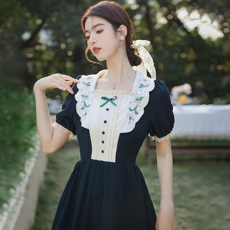 【南柯夢シリーズ】★ワンピース★ 刺繍 女子会 デート セクシー 気質アップ レトロ 緑 半袖ワンピ 夏服 - ChinChic